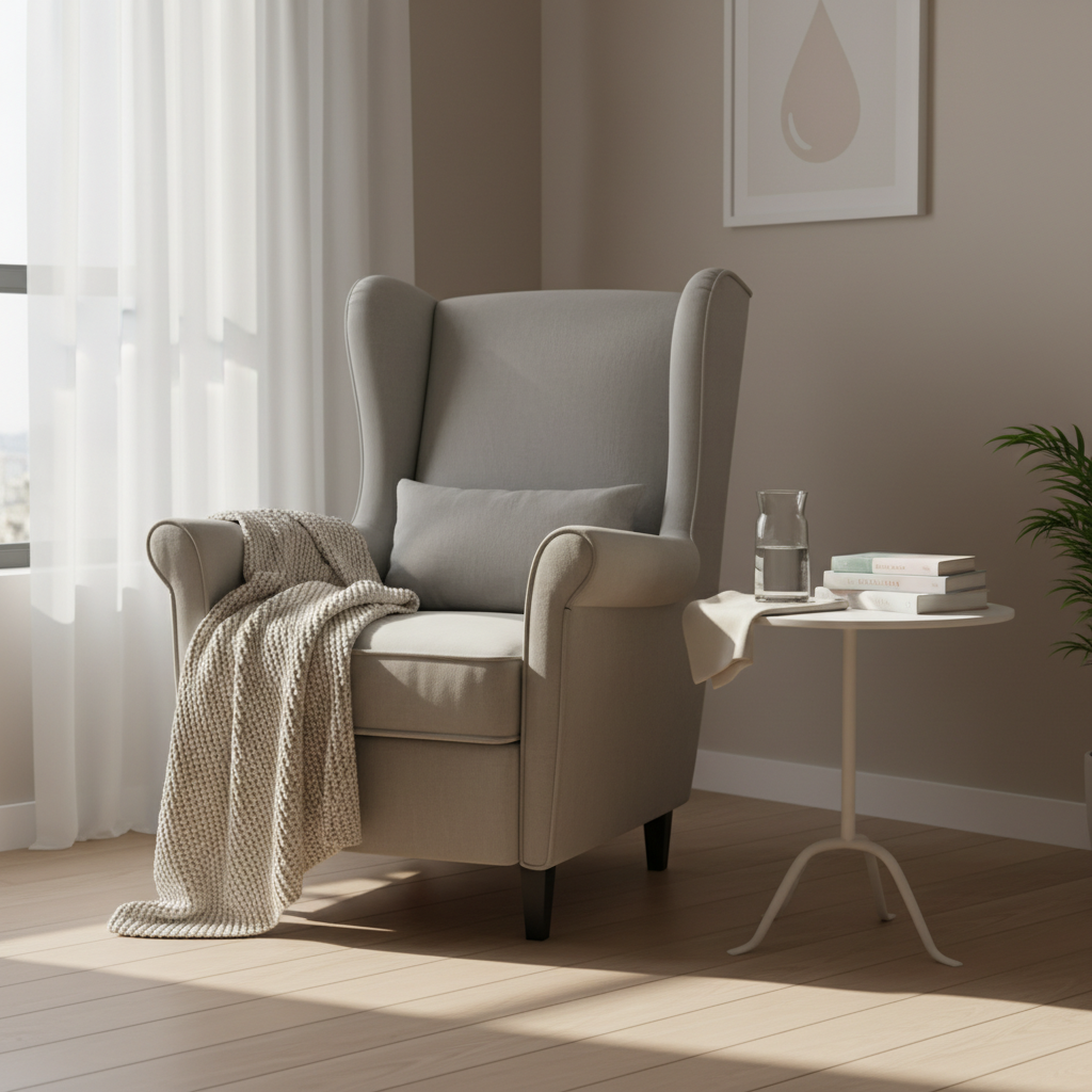 A serene, minimalist nursery environment focused on an empty cozy breastfeeding nook: a plush, light-gray nursing armchair with a high supportive back, structured armrests, and a small lumbar cushion, beside a white side table holding a glass carafe of water, a cloth napkin, and a small stack of lactation books. A soft knitted blanket is draped over the armchair, its texture clearly visible. Natural afternoon light enters through a sheer white curtain, creating a warm, reassuring glow and delicate shadows. The composition is framed using the rule of thirds, with crisp focus on the chair and table, and a slightly blurred background of neutral-toned walls and a simple framed illustration of a milk drop. Photographic realism, calm and professional mood.