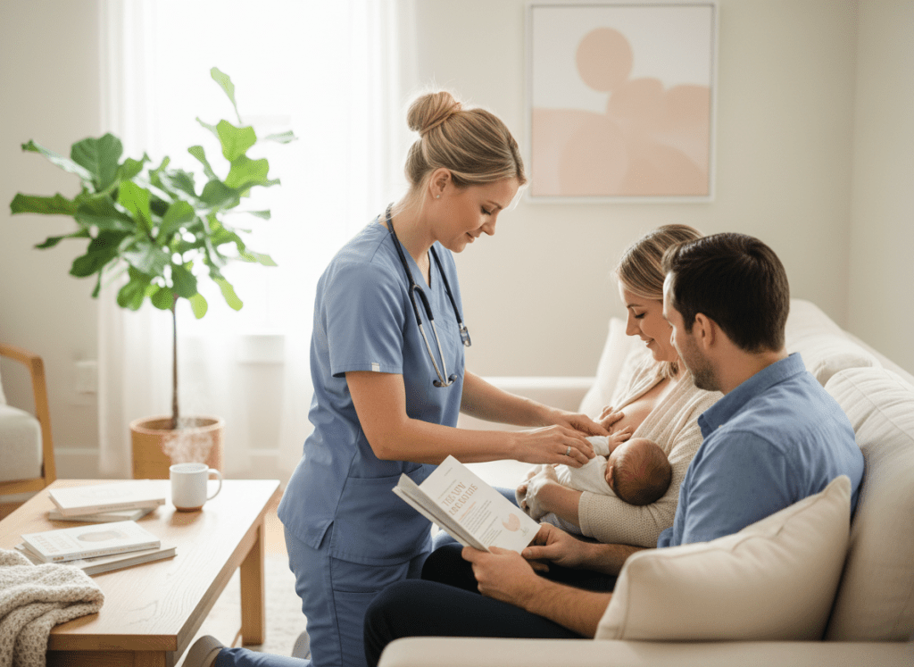 Pediatric nurse providing in-home consultation to new parents with a newborn, focusing on breastfeeding support, in a calm, bright living room. No faces clearly visible.