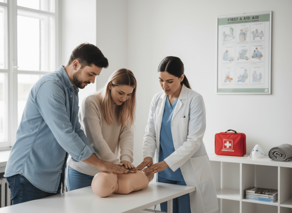 Fotografía horizontal de un padre y una madre practicando primeros auxilios infantiles con un muñeco de bebé sobre una mesa, guiados por una profesional sanitaria. Ambiente tipo aula o consulta, con material básico (botiquín, mascarilla de RCP) visible de forma discreta. Estilo realista, tonos claros, sensación de seguridad y formación práctica, ideal para web de cursos de primeros auxilios pediátricos.