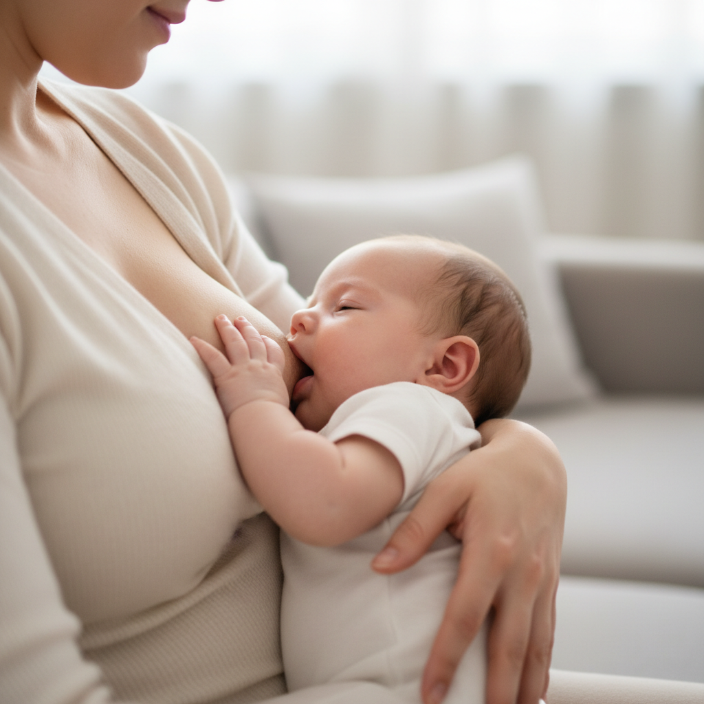 Photorealistic scene of a calm mother breastfeeding her small baby at home, with a soft neutral background and no visible faces, focused on the latch and baby at the breast, health-education style, horizontal composition
