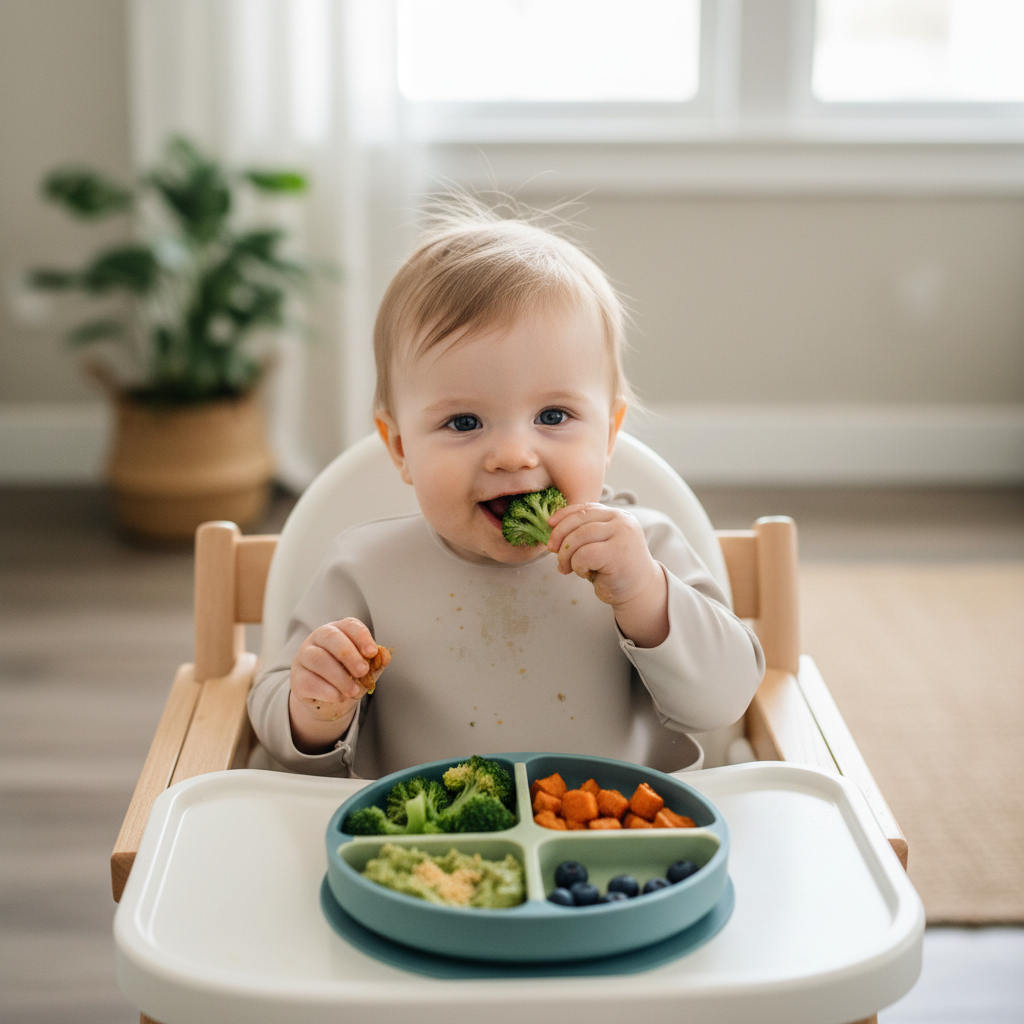 Photorealistic scene of a baby eating finger foods using baby-led weaning, seated in a high chair with a divided plate of colorful but realistic vegetables and soft foods, no visible adult faces, neutral home background, health-education style, horizontal composition