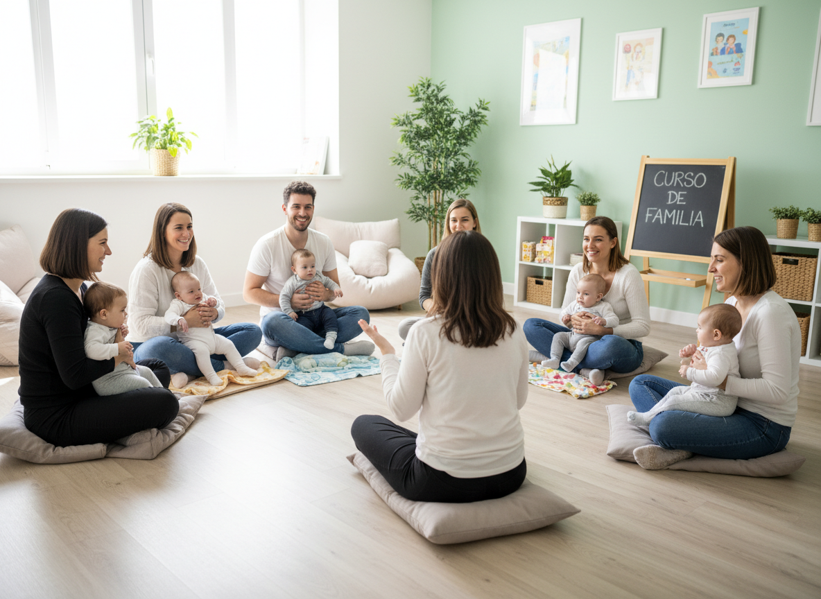 Fotografía luminosa de un curso grupal de padres y madres con sus bebés, sentados en círculo en una sala acogedora, con colchonetas en el suelo, ambiente cálido y profesional, estilo fotográfico realista.