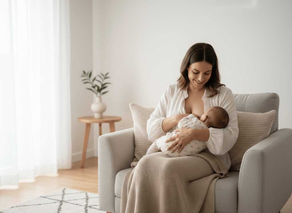 Clean, bright stock photo of a mother comfortably breastfeeding her baby in a cozy, modern home setting, with soft natural light and neutral colors, matching the calm, professional style of a parenting and health website.