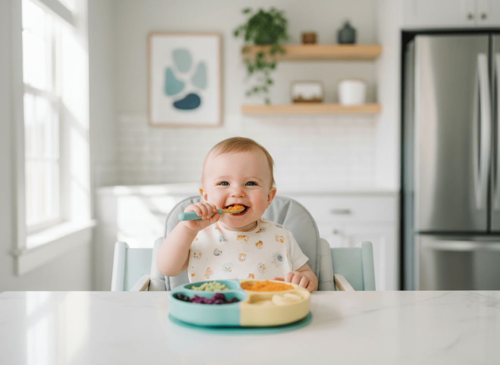 Clean, bright stock photo of a baby eating complementary foods in a highchair, with soft natural light, colorful but simple baby plate and spoon, and a calm, modern kitchen background. Style should match a professional parenting and health website.