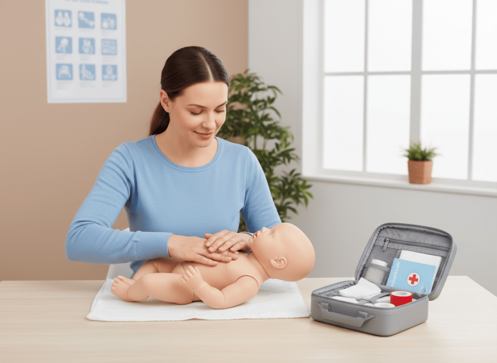 Clean, bright stock photo illustrating baby and child first aid: a parent calmly learning first aid techniques with a baby manikin and simple medical kit on a table, in a well-lit, neutral home or classroom setting, matching a professional health-education style.